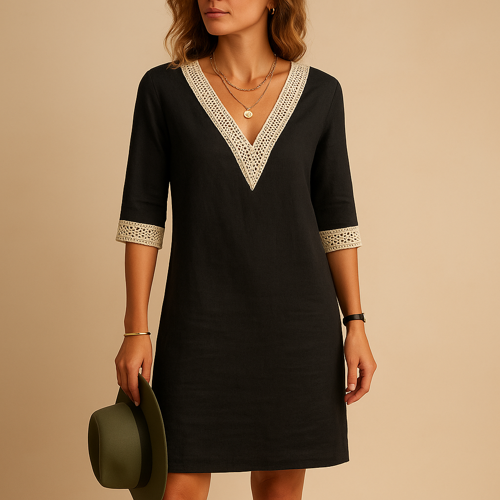 Summer V-neck lace dress for women with three-quarter sleeves and a relaxed fit, perfect for beach days and warm weather.