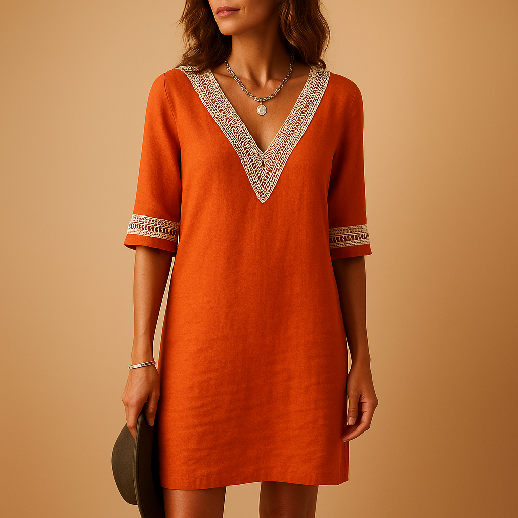 Summer V-neck lace dress for women with three-quarter sleeves and a relaxed fit, perfect for beach days and warm weather.