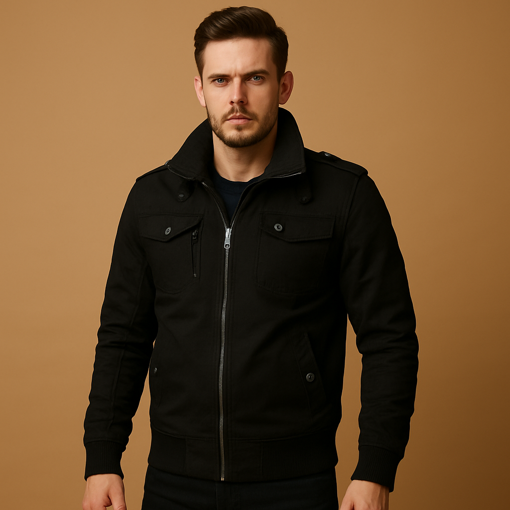 Men’s tactical bomber jacket with high collar, ribbed cuffs, and multiple zip and button pockets, ideal for outdoor activities and daily wear.
