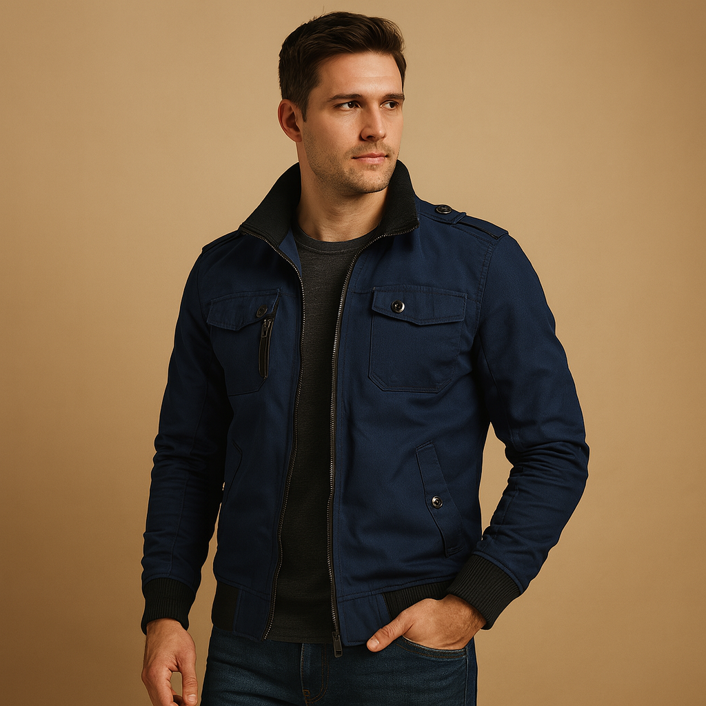 Men’s tactical bomber jacket with high collar, ribbed cuffs, and multiple zip and button pockets, ideal for outdoor activities and daily wear.