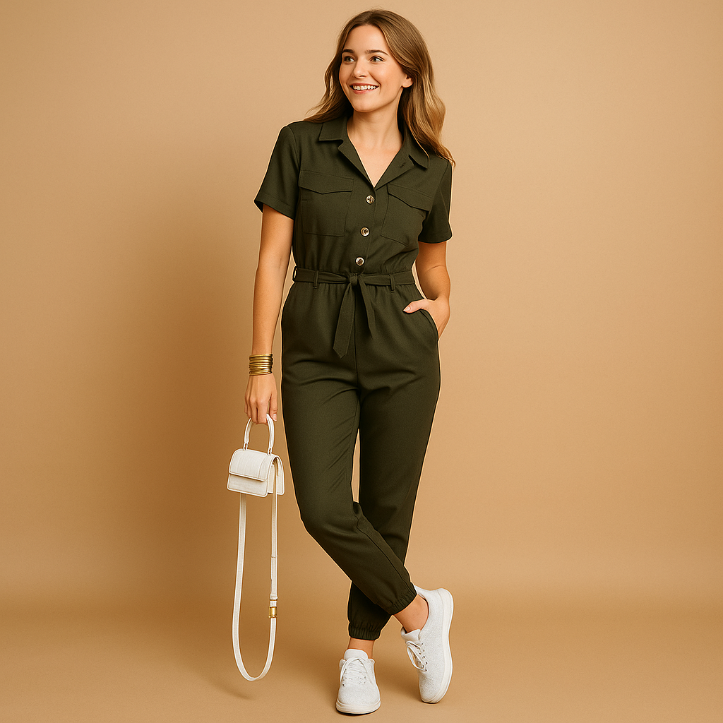 Tailored cargo jumpsuit for women with V-neck and cargo pockets, perfect for casual days, city outings, and chic occasions.