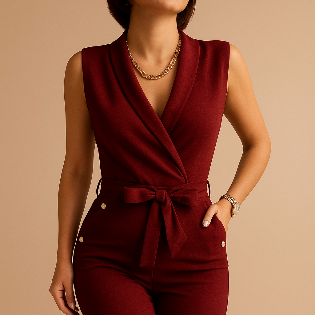 Elegant tailored V-neck jumpsuit for women with waist tie and sleeveless design, perfect for parties, evenings out, and formal occasions.