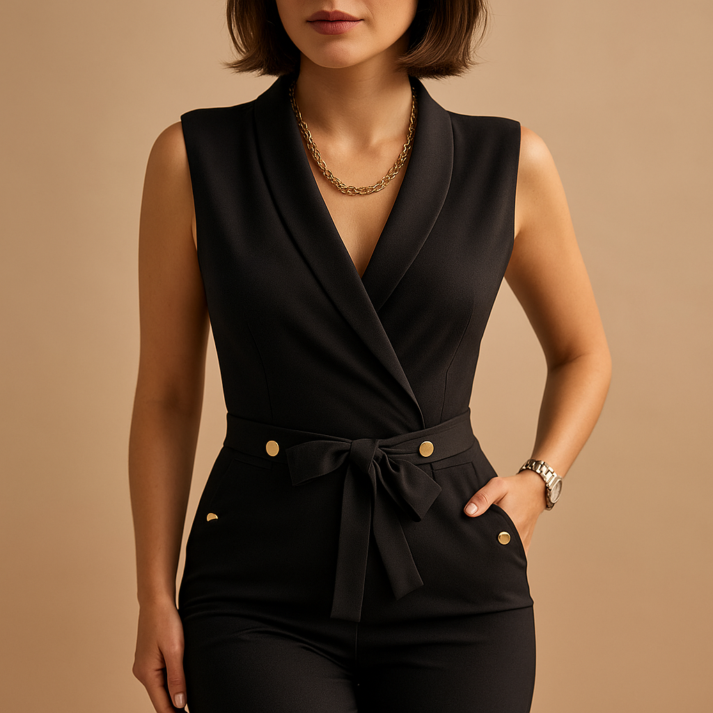 Elegant tailored V-neck jumpsuit for women with waist tie and sleeveless design, perfect for parties, evenings out, and formal occasions.