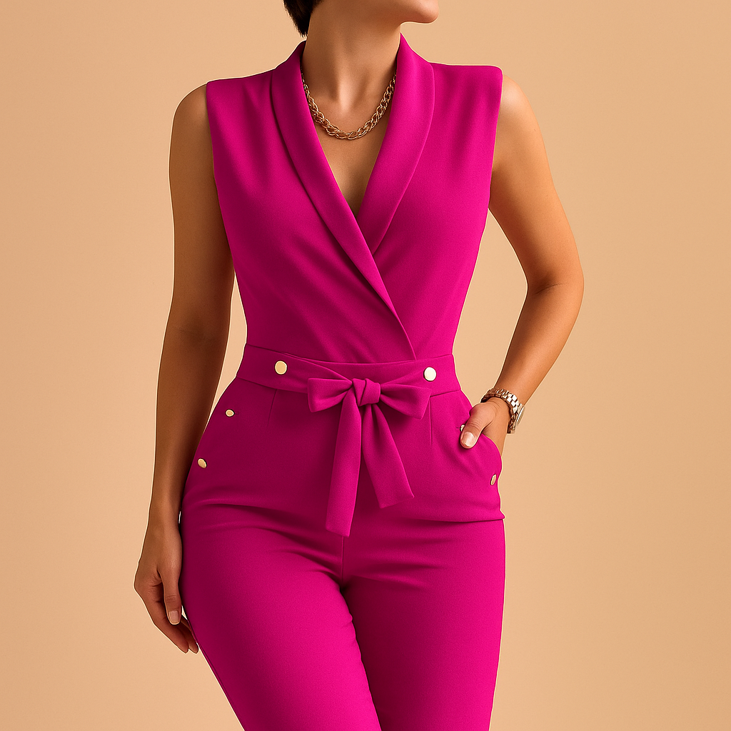 Elegant tailored V-neck jumpsuit for women with waist tie and sleeveless design, perfect for parties, evenings out, and formal occasions.