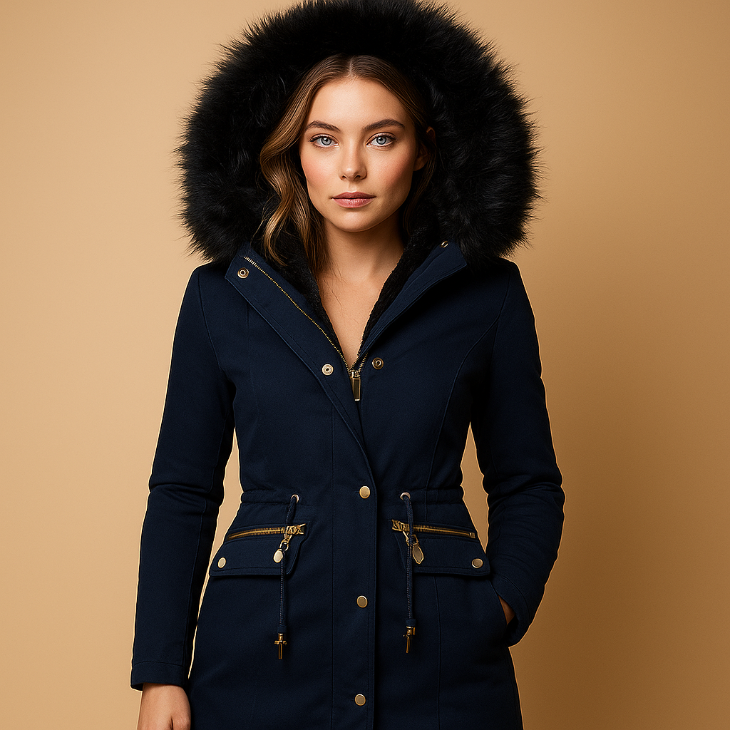 Thermal winter coat for women with faux fur hood, adjustable cord, insulated fabric, and practical pockets. Stylish and protective for cold days.