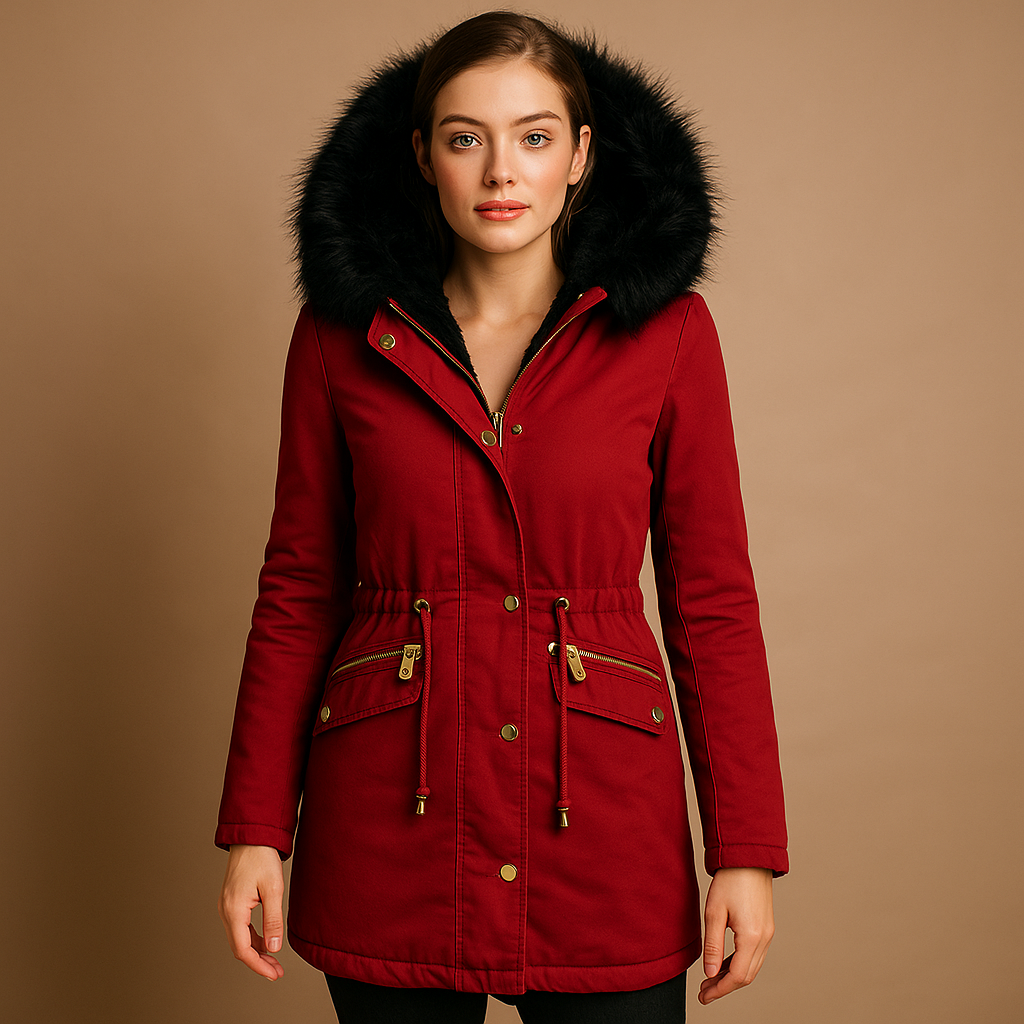 Thermal winter coat for women with faux fur hood, adjustable cord, insulated fabric, and practical pockets. Stylish and protective for cold days.