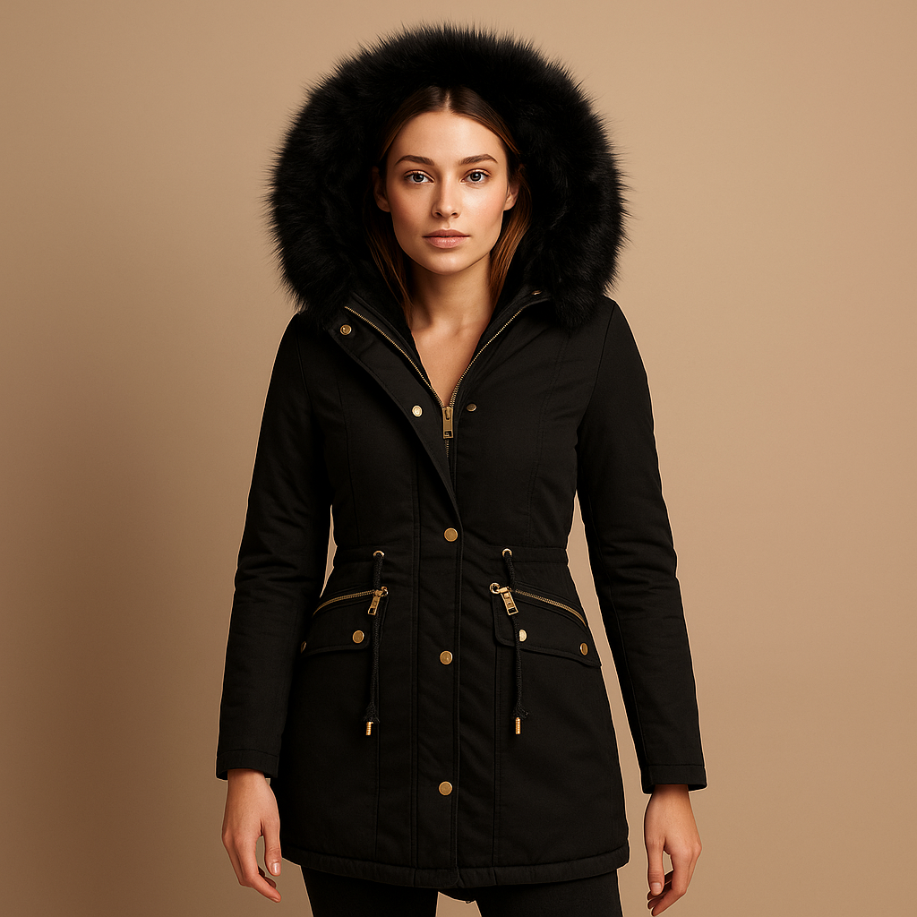 Thermal winter coat for women with faux fur hood, adjustable cord, insulated fabric, and practical pockets. Stylish and protective for cold days.