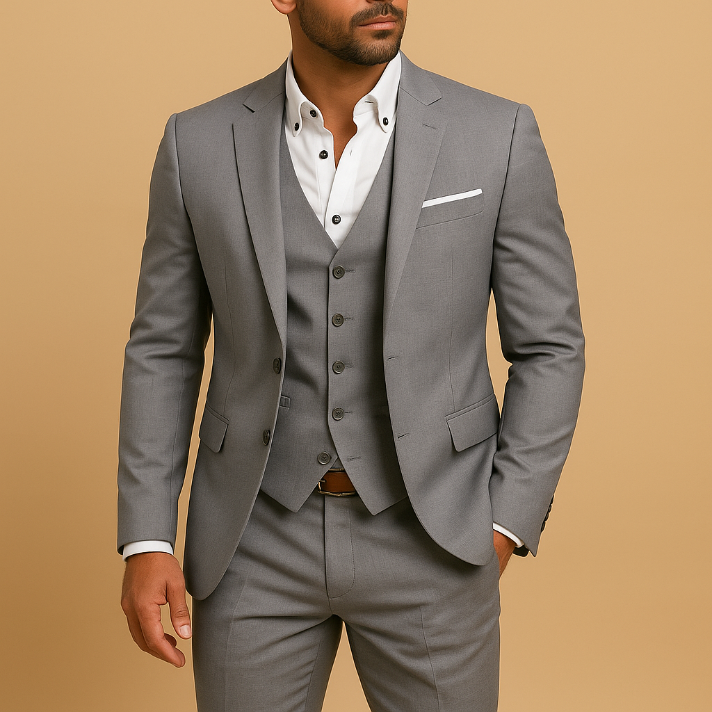 Men’s three piece slim fit suit with blazer, waistcoat, and trousers, designed for elegance and comfort, ideal for weddings, business, and formal events.