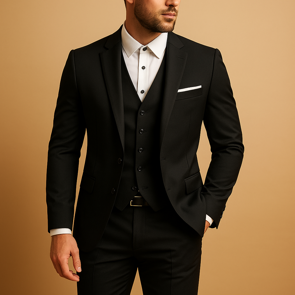 Men’s three piece slim fit suit with blazer, waistcoat, and trousers, designed for elegance and comfort, ideal for weddings, business, and formal events.