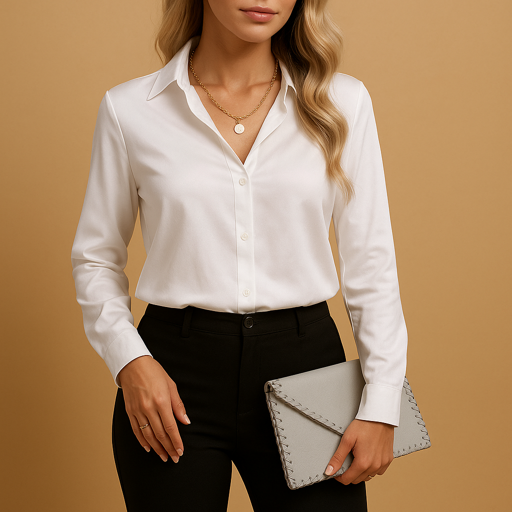 Timeless women’s blouse with classic collar and lightweight design, ideal for workdays, casual wear, or elegant all-season outfits.