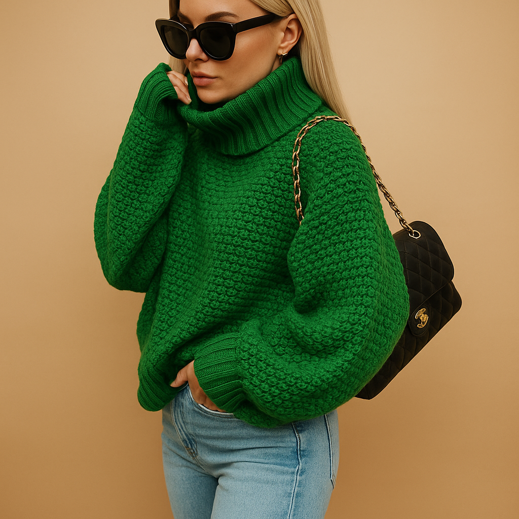 Women’s timeless oversized sweater with breathable fabric, light oversized fit, and classic neckline. Available in white, khaki, black, green, and purple.