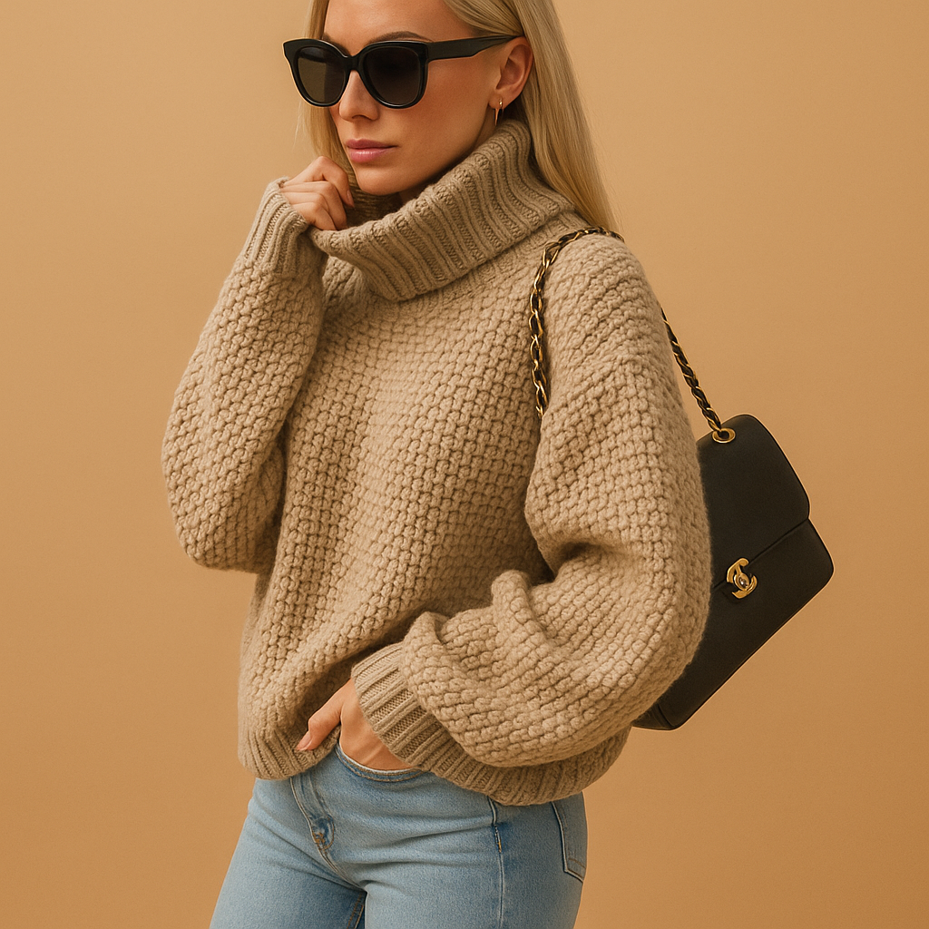 Women’s timeless oversized sweater with breathable fabric, light oversized fit, and classic neckline. Available in white, khaki, black, green, and purple.