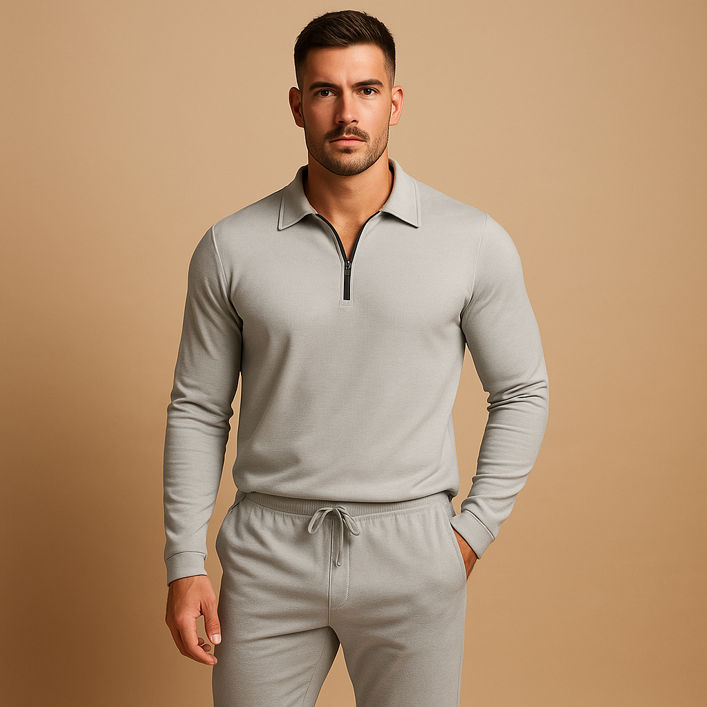Men’s tracksuit with zipper polo top and tapered joggers in slim fit design, available in dark grey, navy blue, and black. Perfect for casual wear or streetwear.