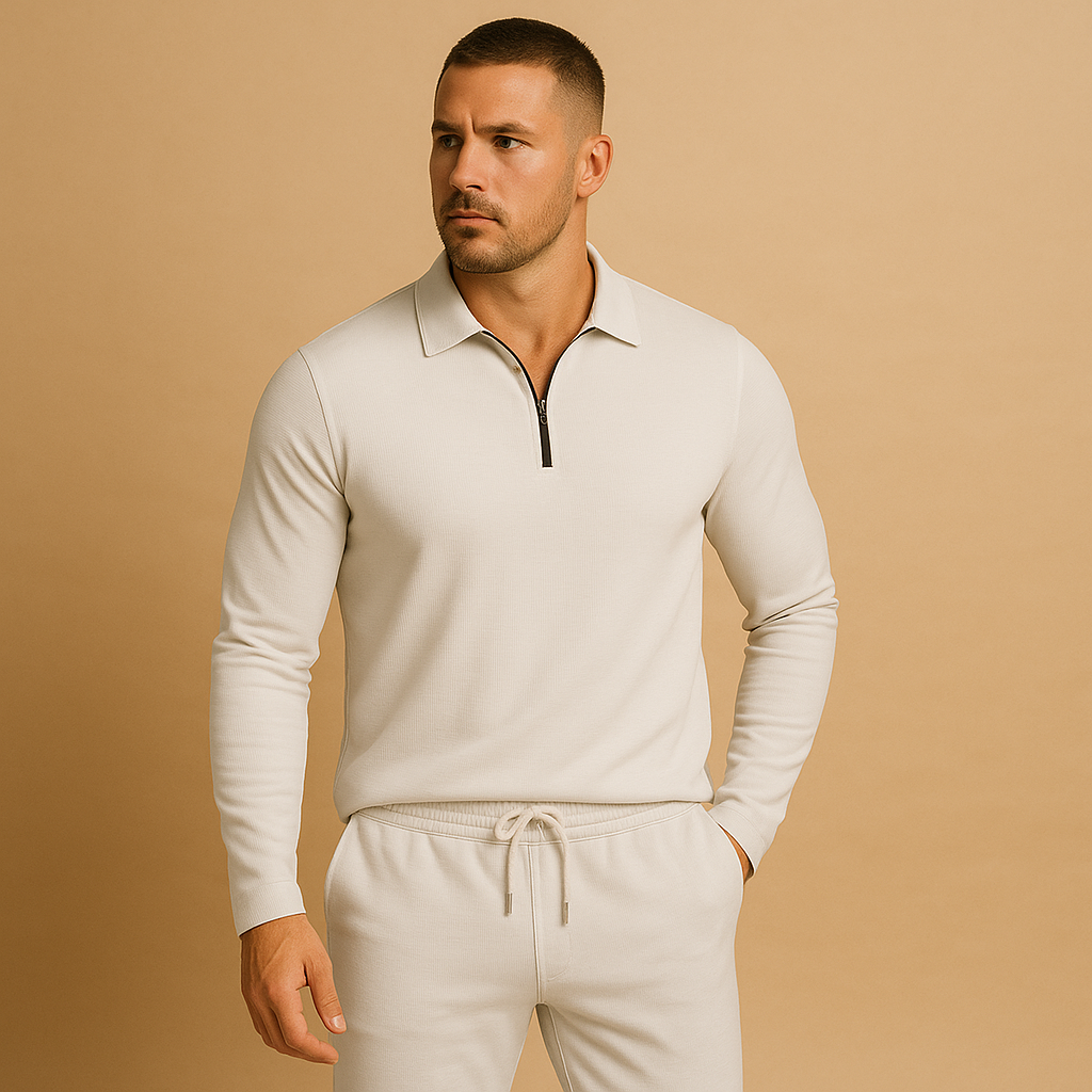 Men’s tracksuit with zipper polo top and tapered joggers in slim fit design, available in dark grey, navy blue, and black. Perfect for casual wear or streetwear.