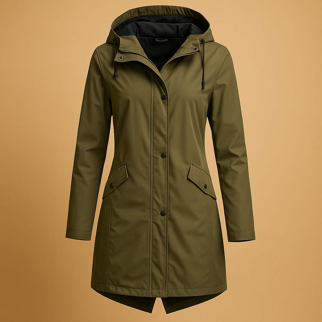 Transparent raincoat for women with adjustable hood and elegant fit, offering breathable comfort and stylish rain protection for any season.