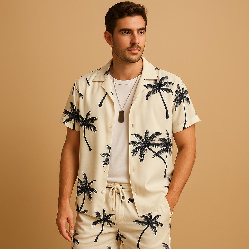 Lightweight men’s summer set with tropical palm tree and feather print, loose fit for holidays, beach days, and city strolls.
