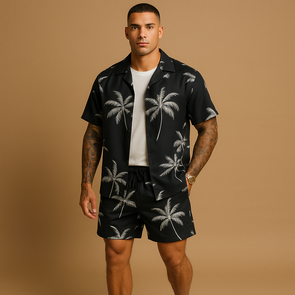 Lightweight men’s summer set with tropical palm tree and feather print, loose fit for holidays, beach days, and city strolls.