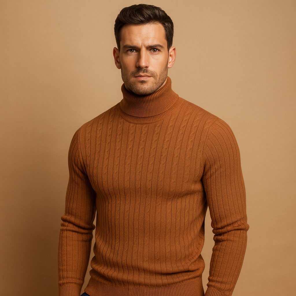 Men’s turtleneck knitted jumper with soft fabric and classic fit, perfect for autumn and winter comfort and style.