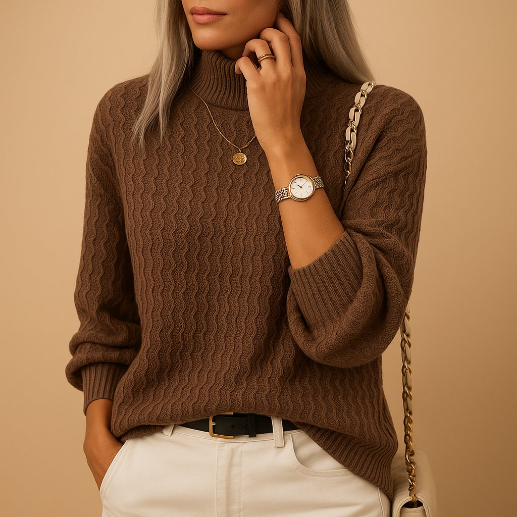 Women’s turtleneck knit sweater in apricot and coffee tones with slim fit and breathable fabric. Ideal for office outfits, weekend wear, and chic layering.