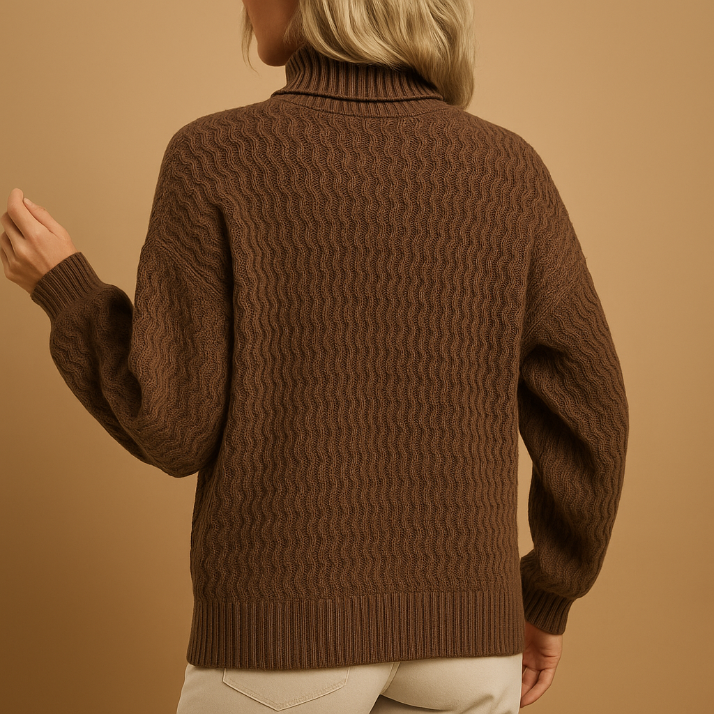 Women’s turtleneck knit sweater in apricot and coffee tones with slim fit and breathable fabric. Ideal for office outfits, weekend wear, and chic layering.