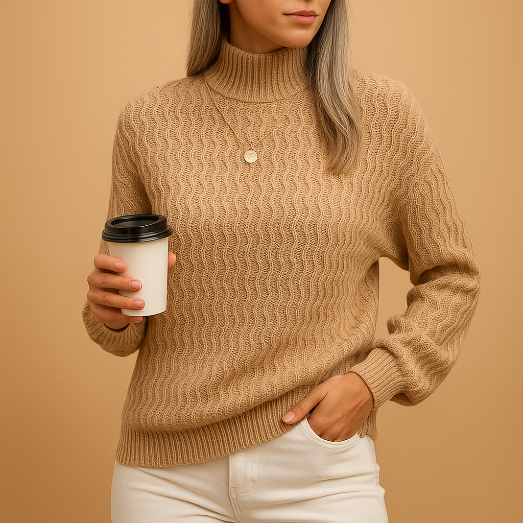 Women’s turtleneck knit sweater in apricot and coffee tones with slim fit and breathable fabric. Ideal for office outfits, weekend wear, and chic layering.