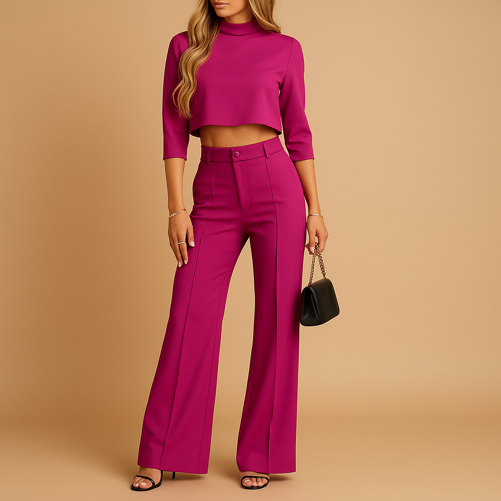 Women’s two piece autumn set with cropped top and tailored trousers, elastic waistband, and warm fabric. Perfect for work, leisure, or casual outings.