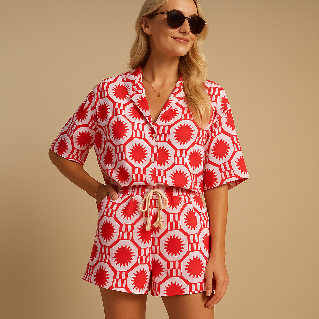 Women’s two-piece floral outfit with blouse and shorts, ideal for beach, vacation, and summer days.