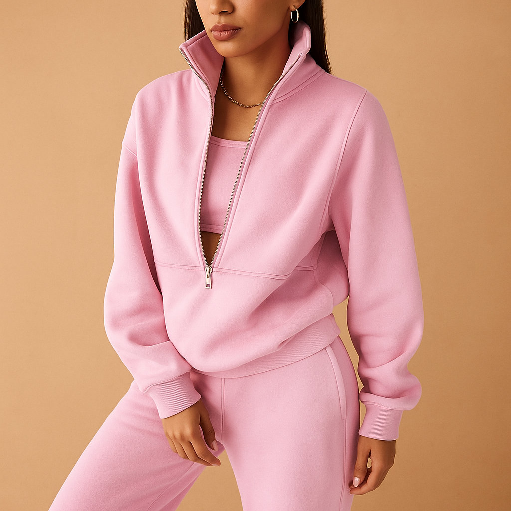 Women’s two-piece jogging set with half-zip hoodie and joggers, perfect for casual days, lounging, or sporty streetwear looks.