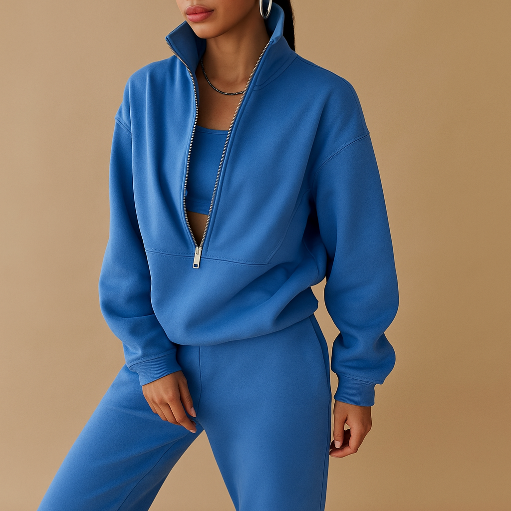 Women’s two-piece jogging set with half-zip hoodie and joggers, perfect for casual days, lounging, or sporty streetwear looks.