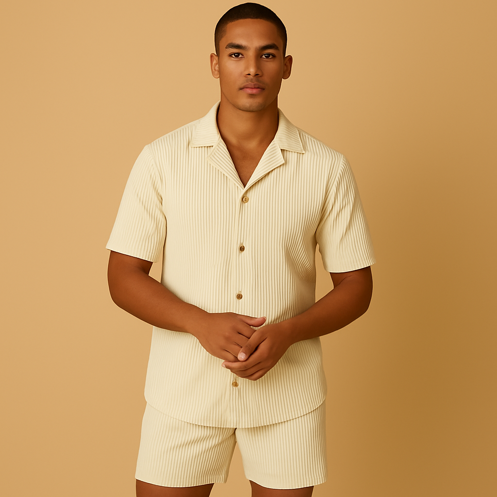 Men’s two piece summer outfit with lightweight fabric, refined button details, and clean finishes. Available in Natural, Olive Green, Beige, and Black.