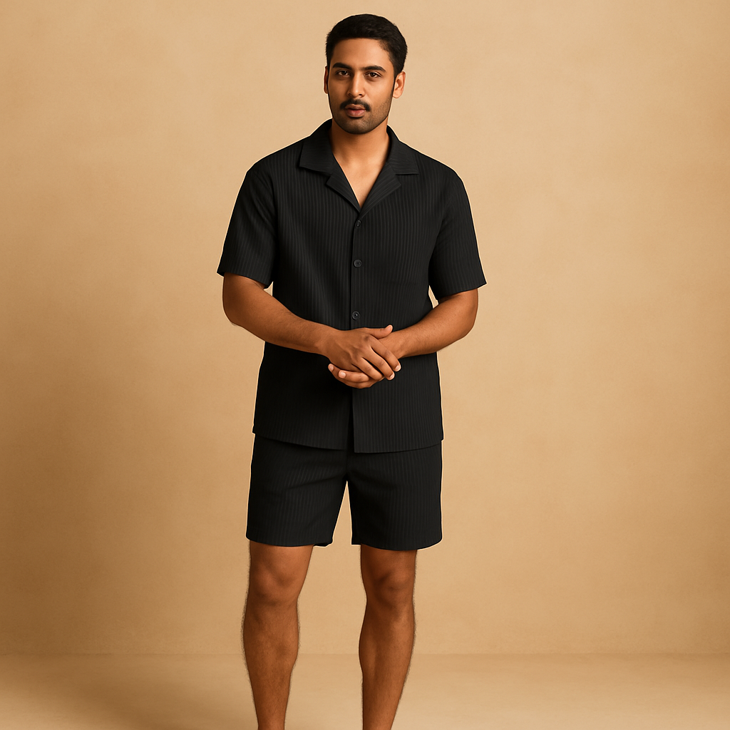 Men’s two piece summer outfit with lightweight fabric, refined button details, and clean finishes. Available in Natural, Olive Green, Beige, and Black.