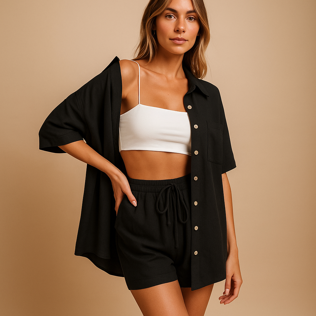 Women’s two piece summer set with half-length cardigan and drawstring shorts, loose fit, available in solid summer colours. Perfect for beach or casual wear.