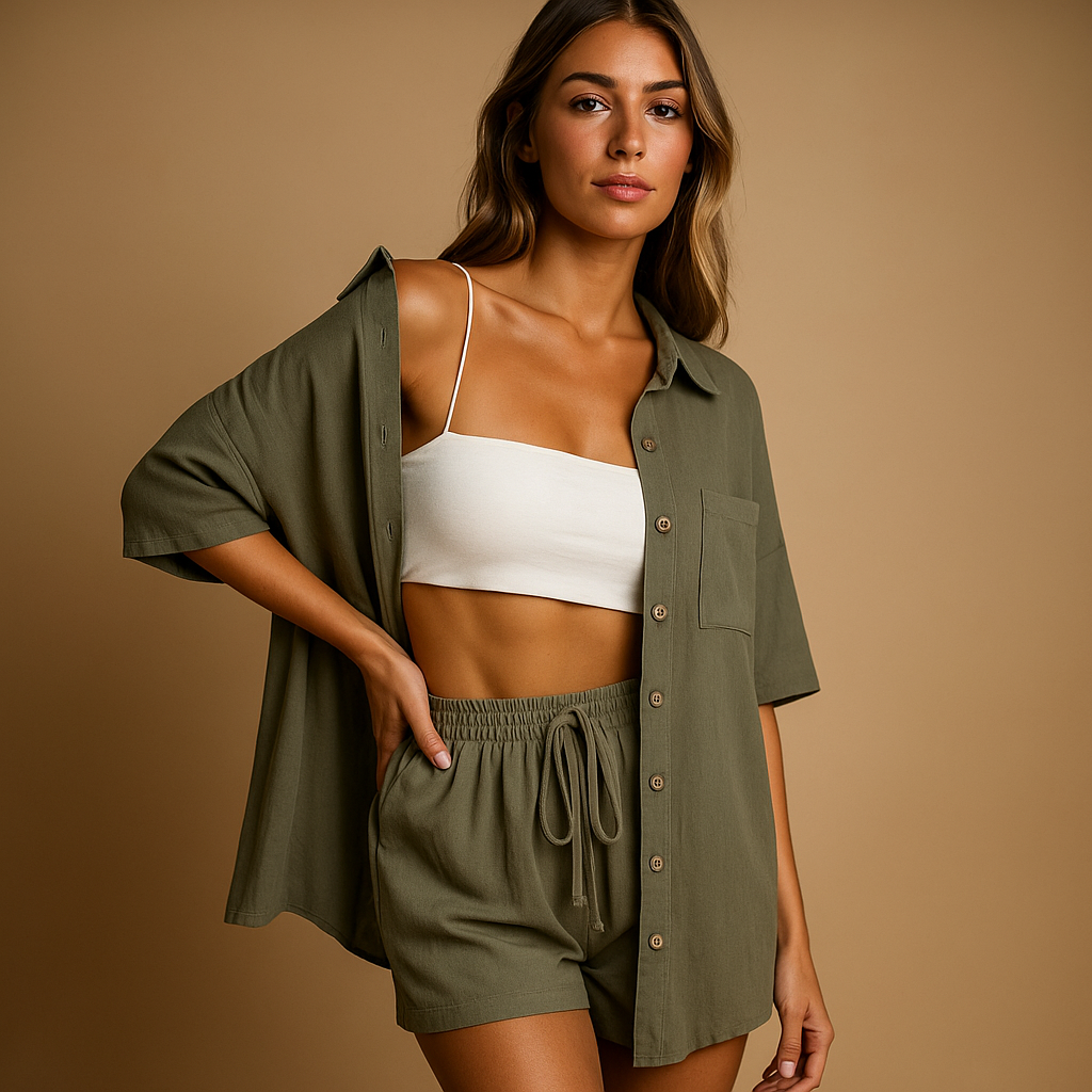 Women’s two piece summer set with half-length cardigan and drawstring shorts, loose fit, available in solid summer colours. Perfect for beach or casual wear.