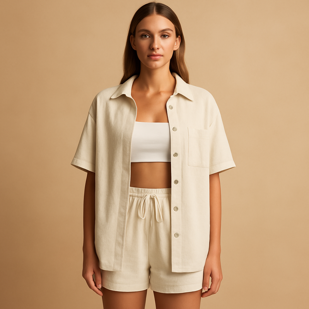 Women’s two piece summer set with half-length cardigan and drawstring shorts, loose fit, available in solid summer colours. Perfect for beach or casual wear.