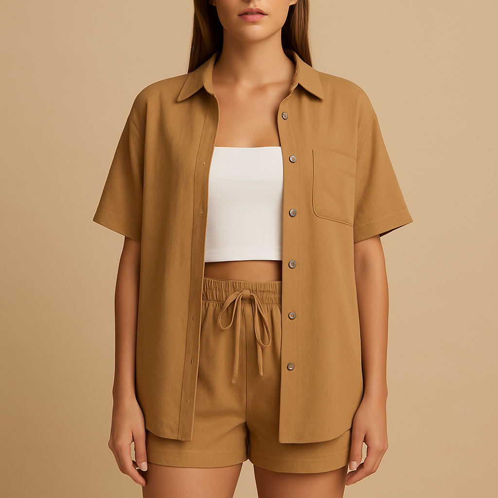 Women’s two piece summer set with half-length cardigan and drawstring shorts, loose fit, available in solid summer colours. Perfect for beach or casual wear.