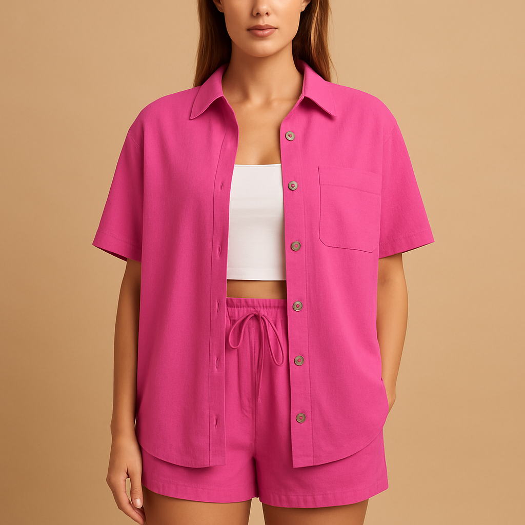 Women’s two piece summer set with half-length cardigan and drawstring shorts, loose fit, available in solid summer colours. Perfect for beach or casual wear.
