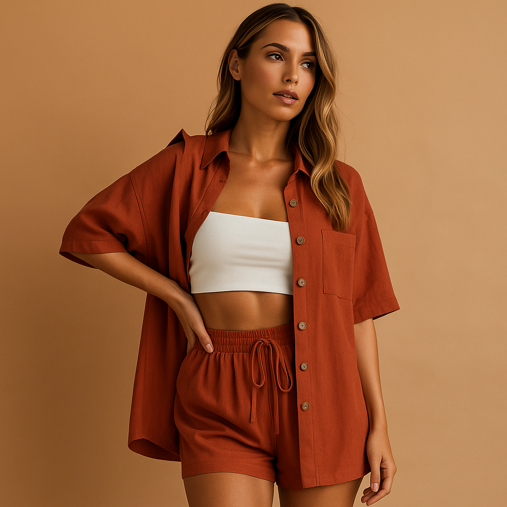 Women’s two piece summer set with half-length cardigan and drawstring shorts, loose fit, available in solid summer colours. Perfect for beach or casual wear.