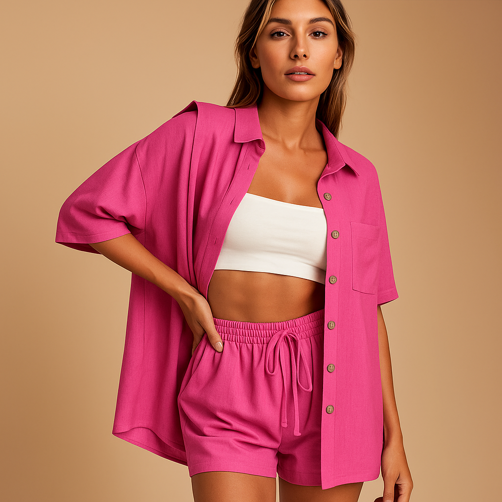 Women’s two piece summer set with half-length cardigan and drawstring shorts, loose fit, available in solid summer colours. Perfect for beach or casual wear.