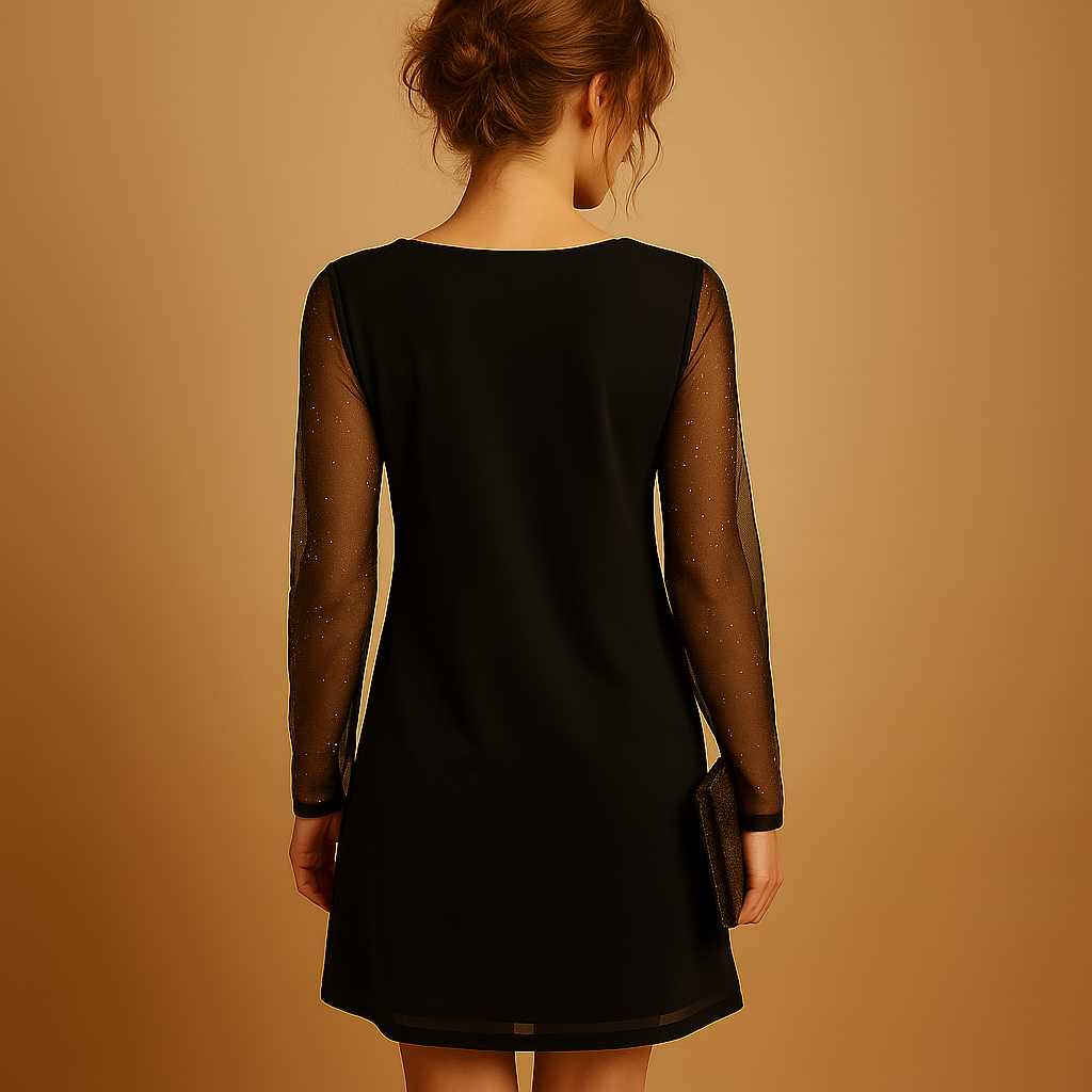 Women’s V-neck mini dress with long sleeves in black, made from lightweight fabric, perfect for elegant evenings and casual-chic occasions.