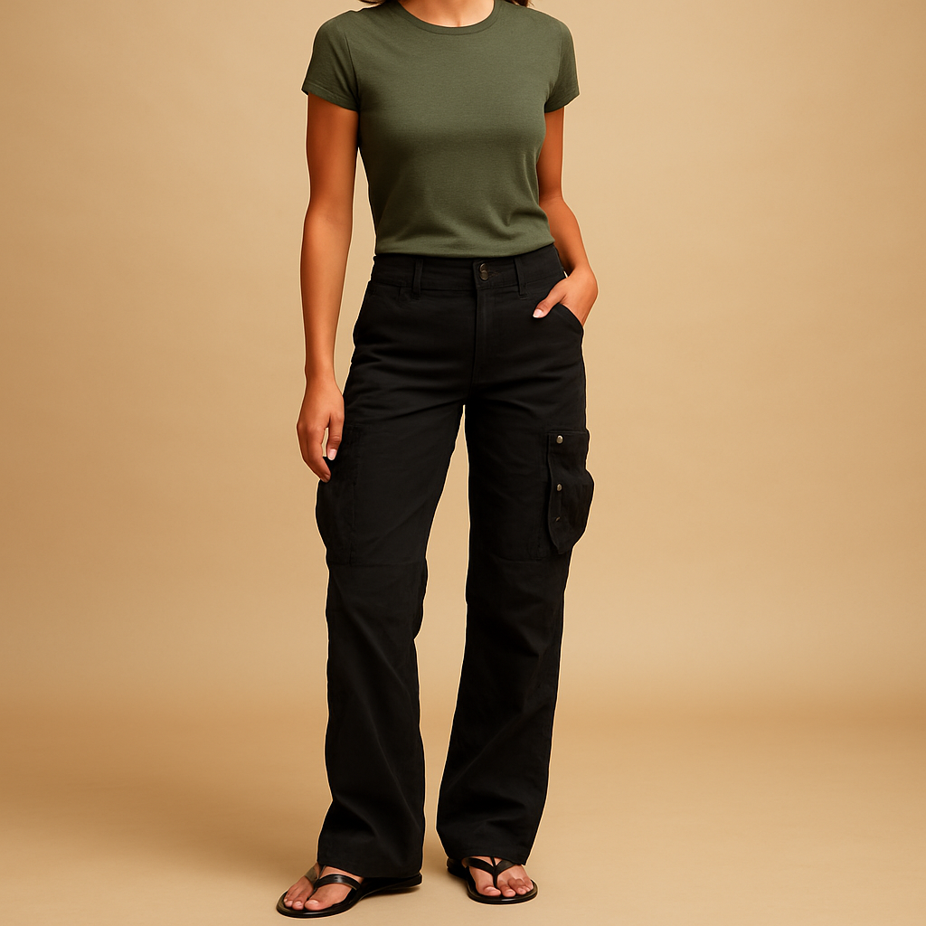 Versatile cargo trousers for women with functional pockets and a modern straight-leg design, perfect for casual or adventurous outfits.