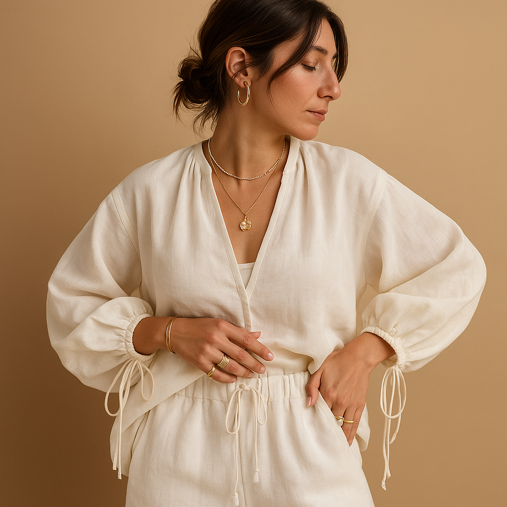 Women’s V-neck top and ruffled shorts set with elastic waistband, perfect for casual wear or summer evenings out.