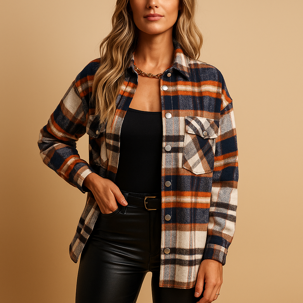 Warm checkered jacket for women with timeless pattern, cozy lining, and relaxed fit. Ideal for autumn outings, work, and stylish daily wear.