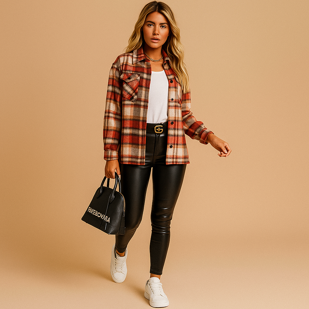 Warm checkered jacket for women with timeless pattern, cozy lining, and relaxed fit. Ideal for autumn outings, work, and stylish daily wear.
