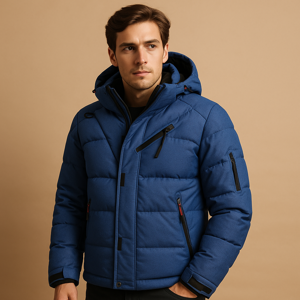 Men’s warm down parka jacket with removable hood and 90% down insulation, ideal for winter weather and outdoor use.