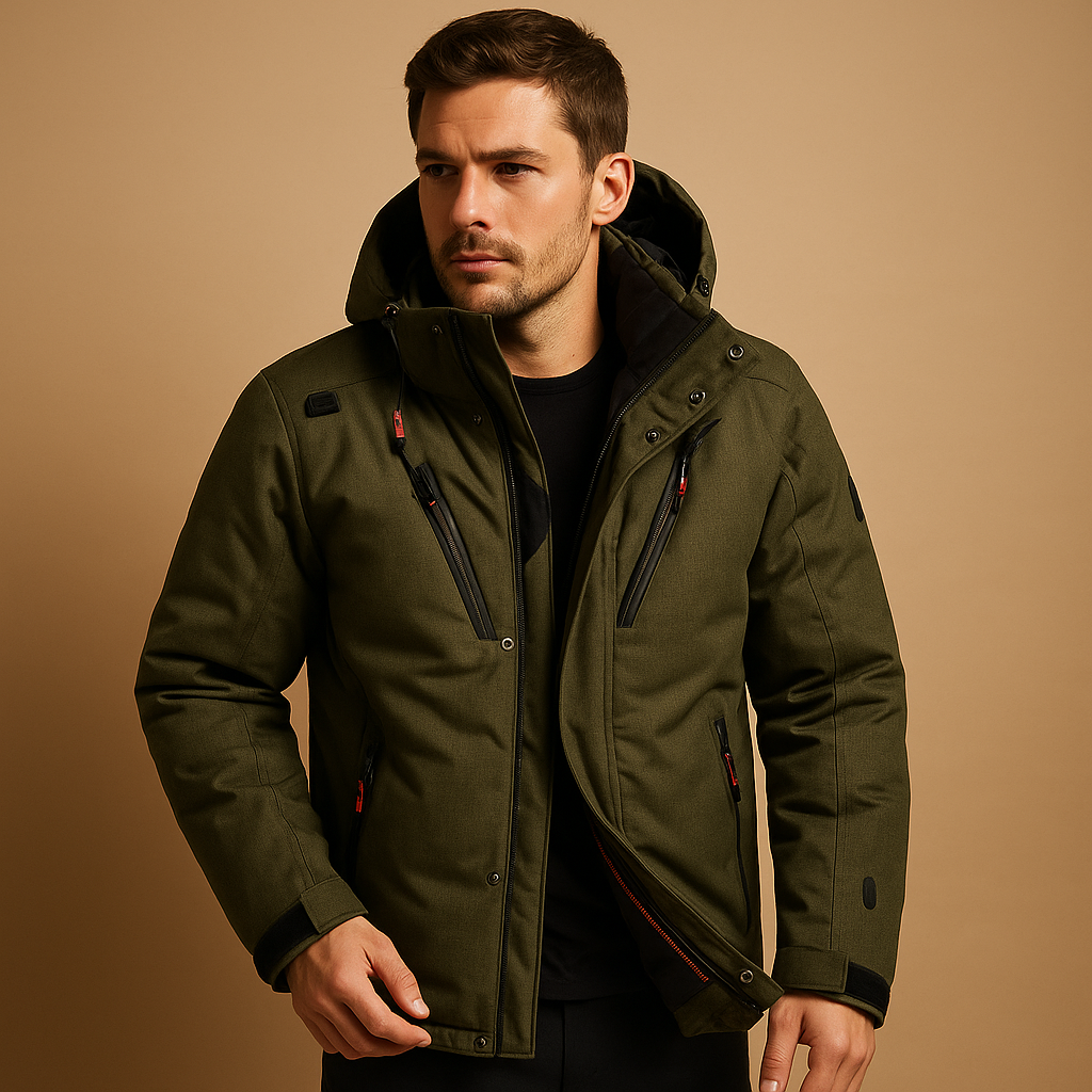Men’s warm down parka jacket with removable hood and 90% down insulation, ideal for winter weather and outdoor use.