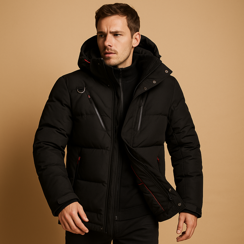 Men’s warm down parka jacket with removable hood and 90% down insulation, ideal for winter weather and outdoor use.