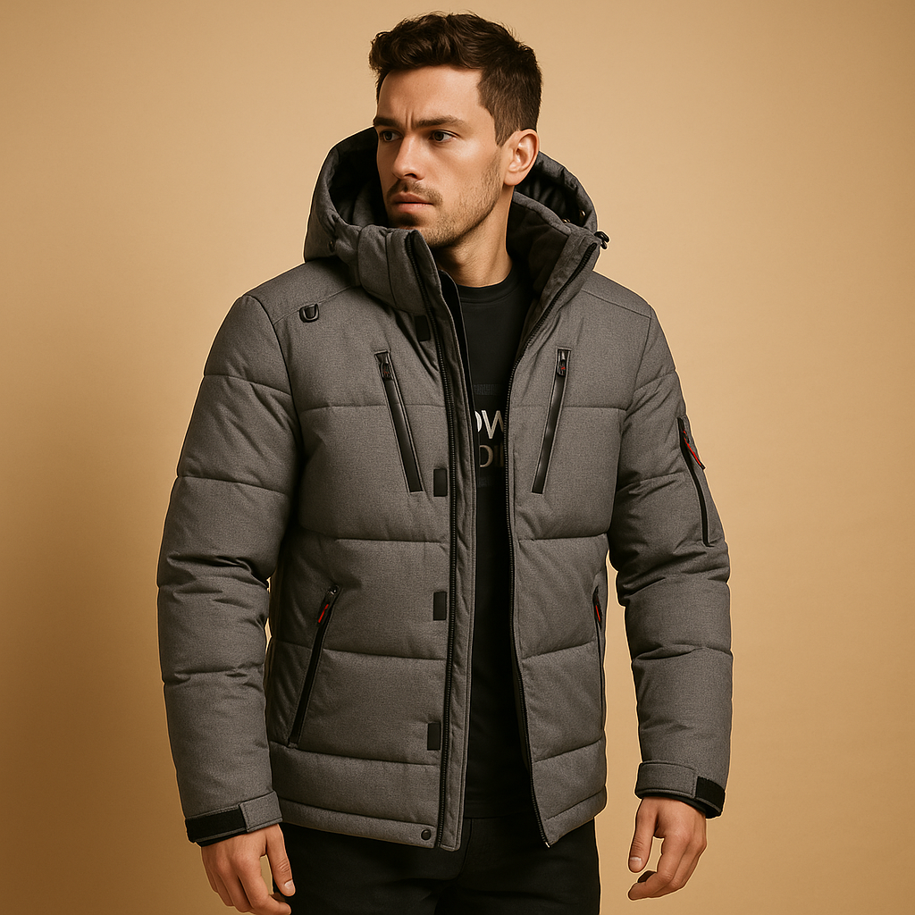Men’s warm down parka jacket with removable hood and 90% down insulation, ideal for winter weather and outdoor use.