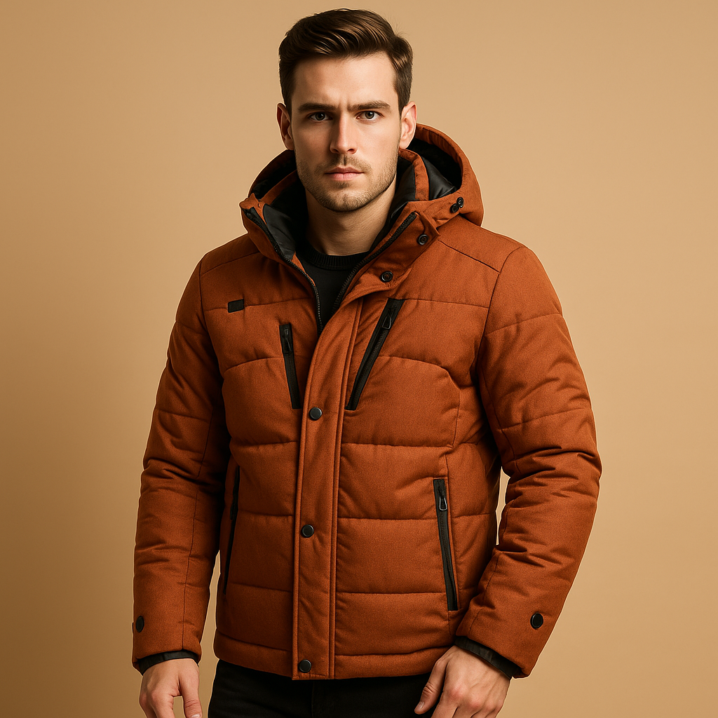 Men’s warm down parka jacket with removable hood and 90% down insulation, ideal for winter weather and outdoor use.