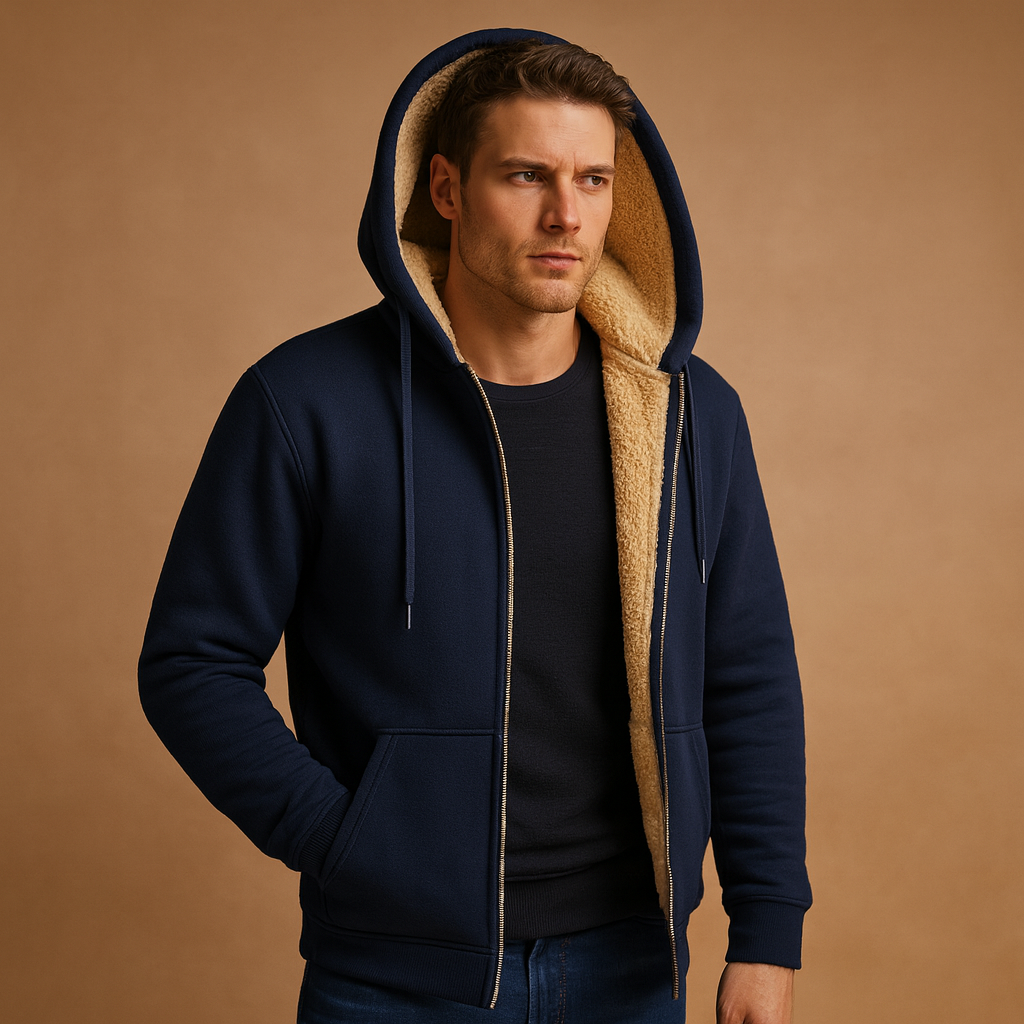 Men’s warm fleece sweater with luxurious inner lining, perfect for autumn and winter casual or semi-formal outfits.