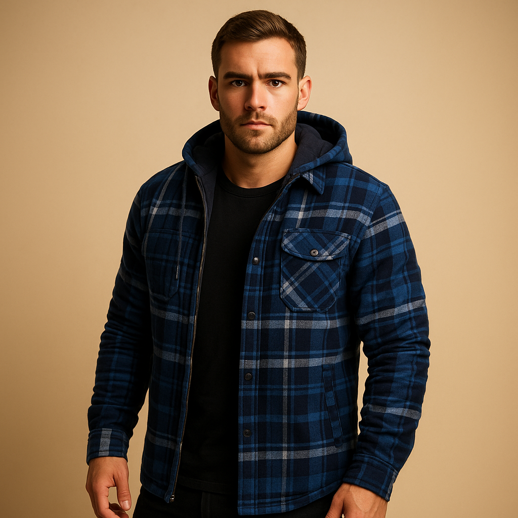 Men’s warm hooded bomber jacket with soft lining, classic design, and wind protection, perfect for cold winter days and casual wear.